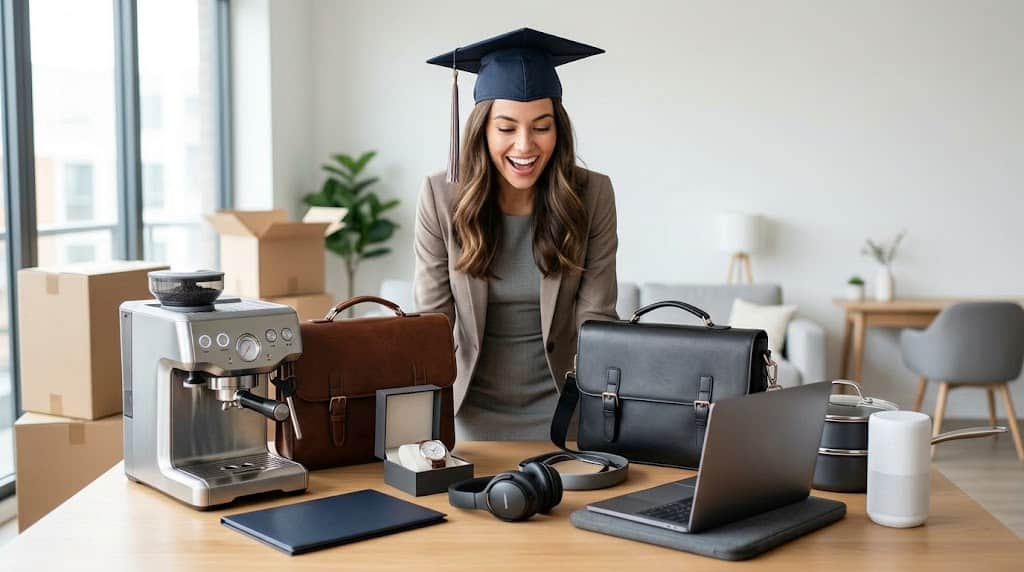 Graduation gift ideas with a laptop, coffee machine, and accessories on a desk.
