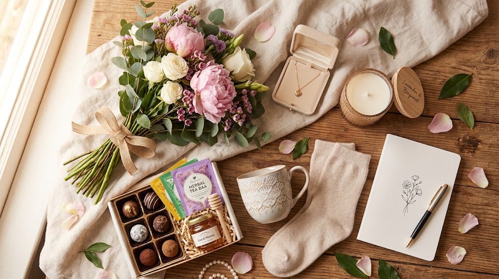 Beautiful floral gift with chocolates, candles, and a mug, perfect for celebrations and heartfelt gi.