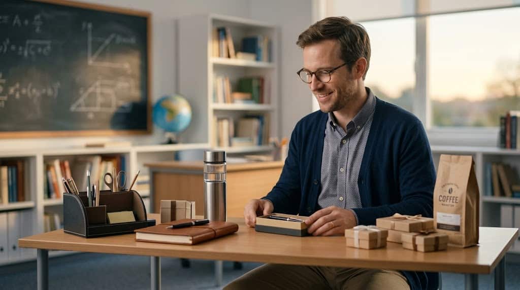 Man smiling at desk with educational toys and gifts, bright classroom setting.