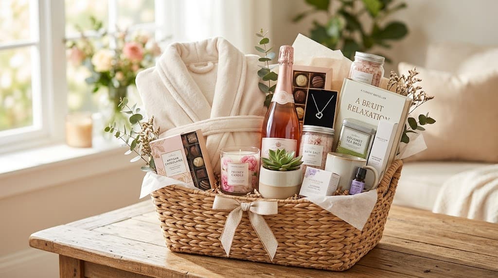 Relaxation gift basket with bathrobe, candles, skincare, and wellness products. Perfect for self-car.
