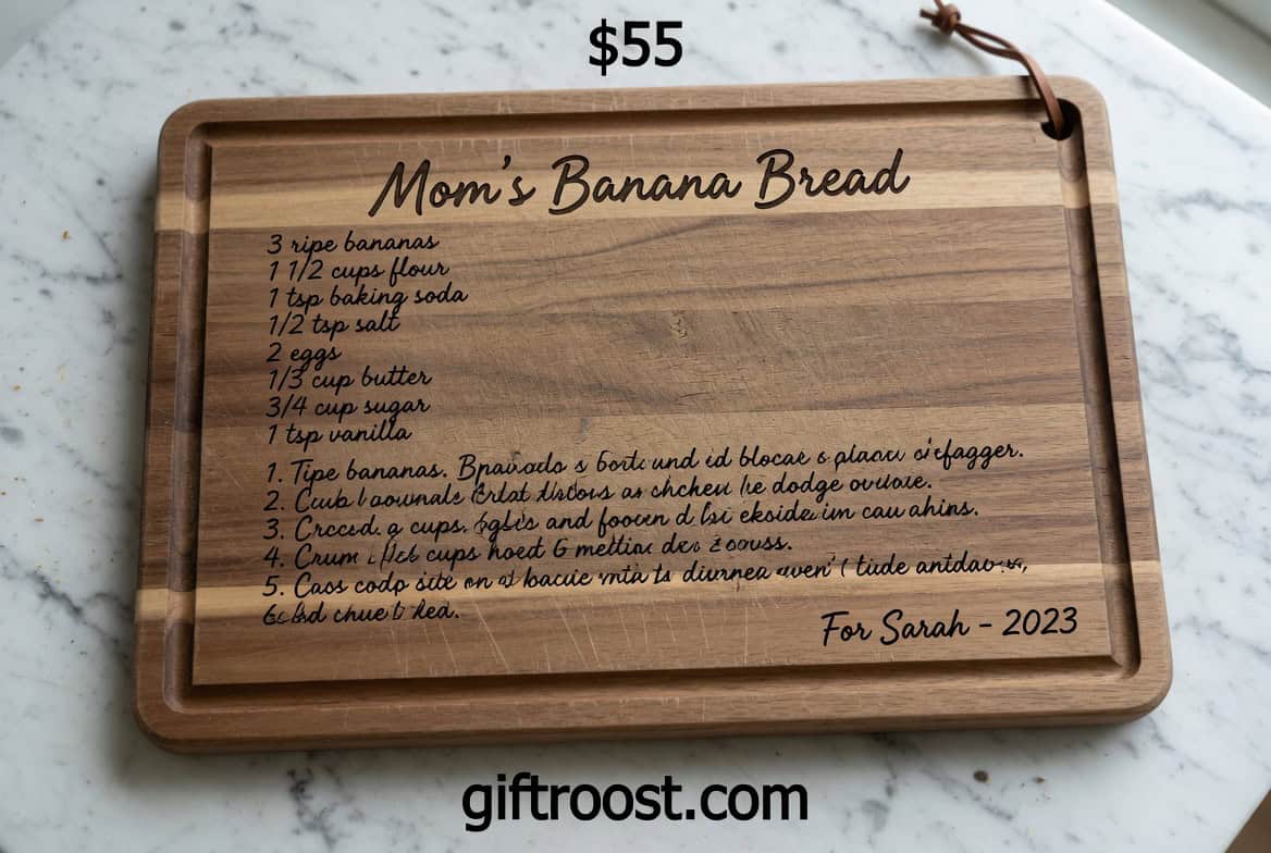 engraved wooden cutting board with handwritten recipe