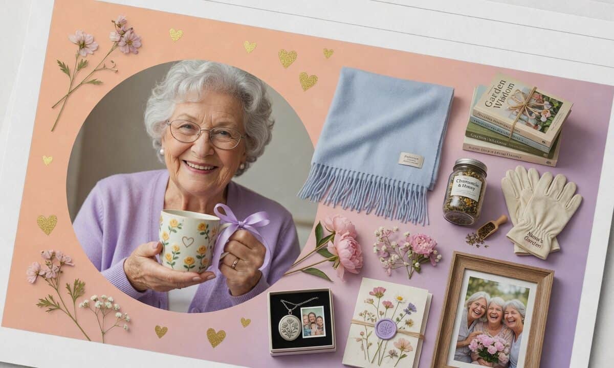 Thoughtful Mother's Day gifts for grandma, including cozy blanket, personalized jewelry, and floral.