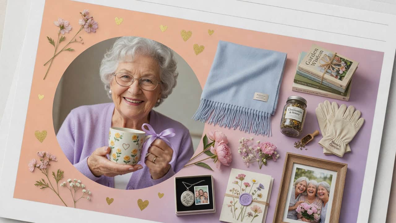 Thoughtful Mother's Day gifts for grandma, including cozy blanket, personalized jewelry, and floral.