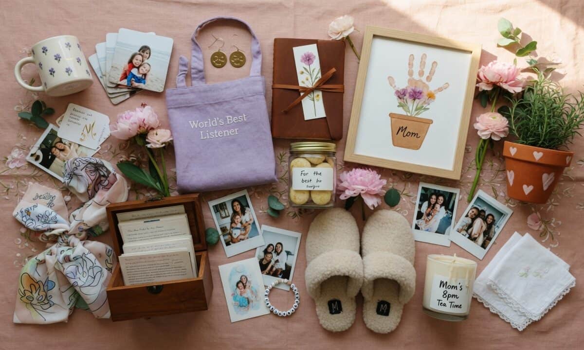 Thoughtful Mother's Day gifts including personalized keepsakes, photos, and cozy slippers for a spec.