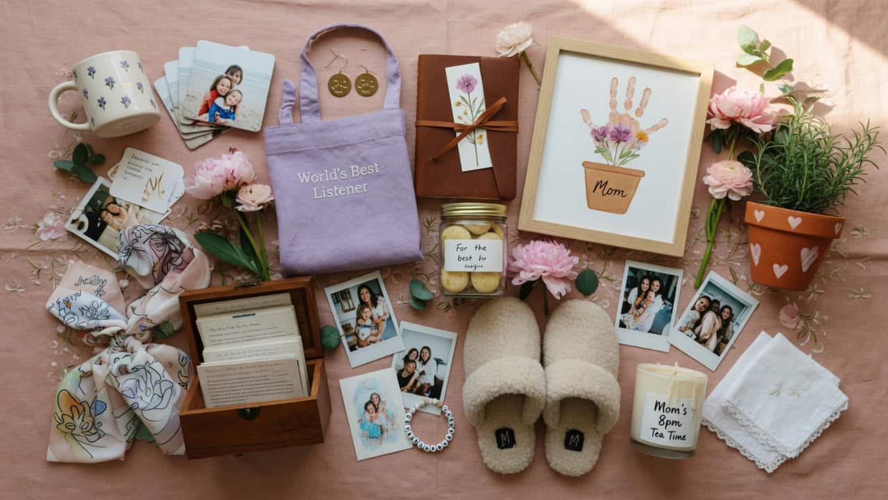 Thoughtful Mother's Day gifts including personalized keepsakes, photos, and cozy slippers for a spec.