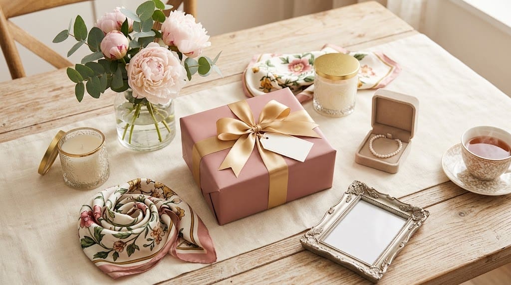 Elegant Mother's Day gift box with flowers, jewelry, and accessories for mother-in-law.