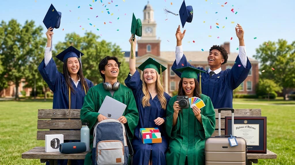 Happy graduates celebrating outdoors with caps, confetti, and diploma.